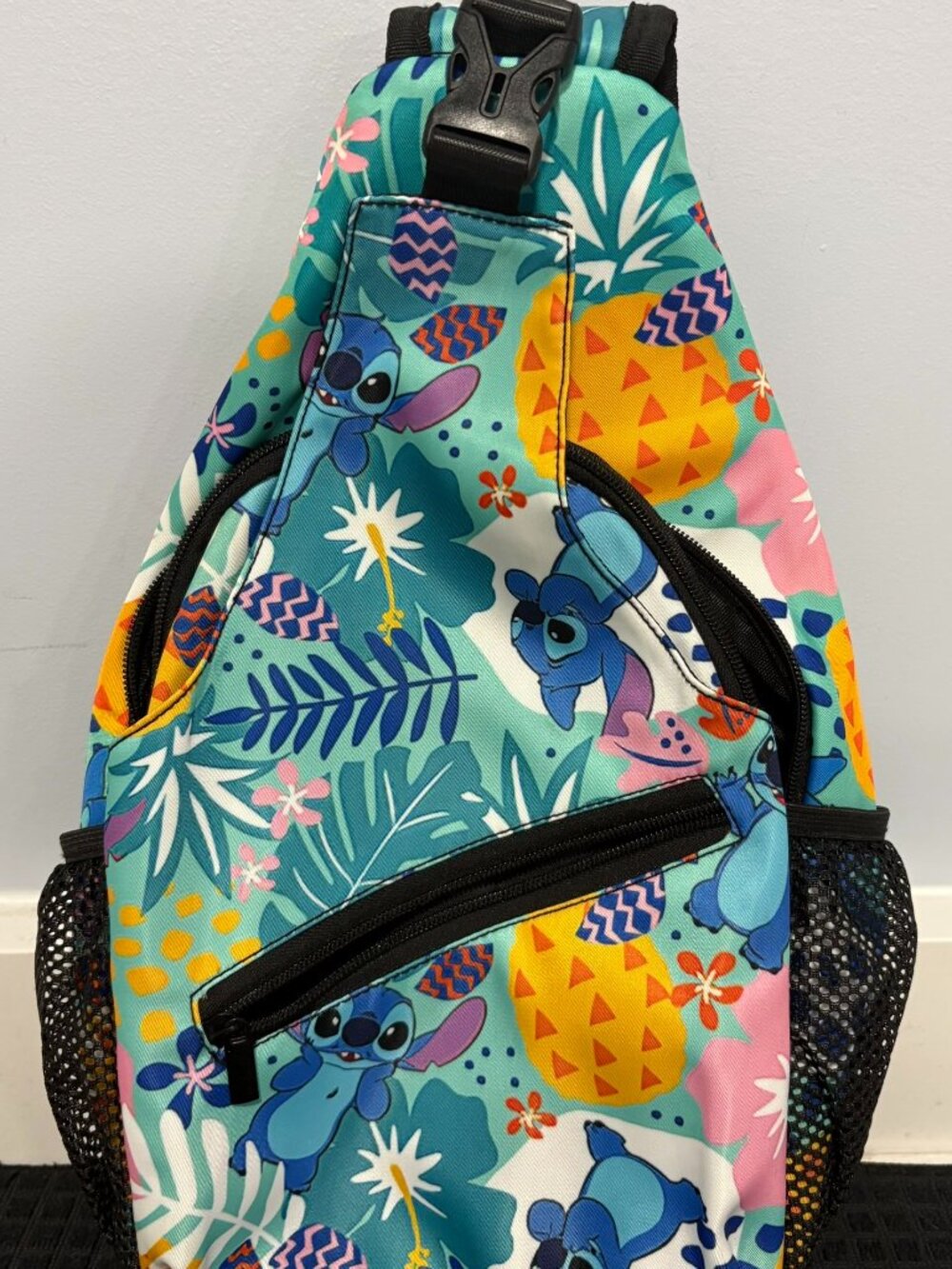 Disney Stitch Tropical Floral Sling Backpack, Adjustable Strap, Pockets, Small